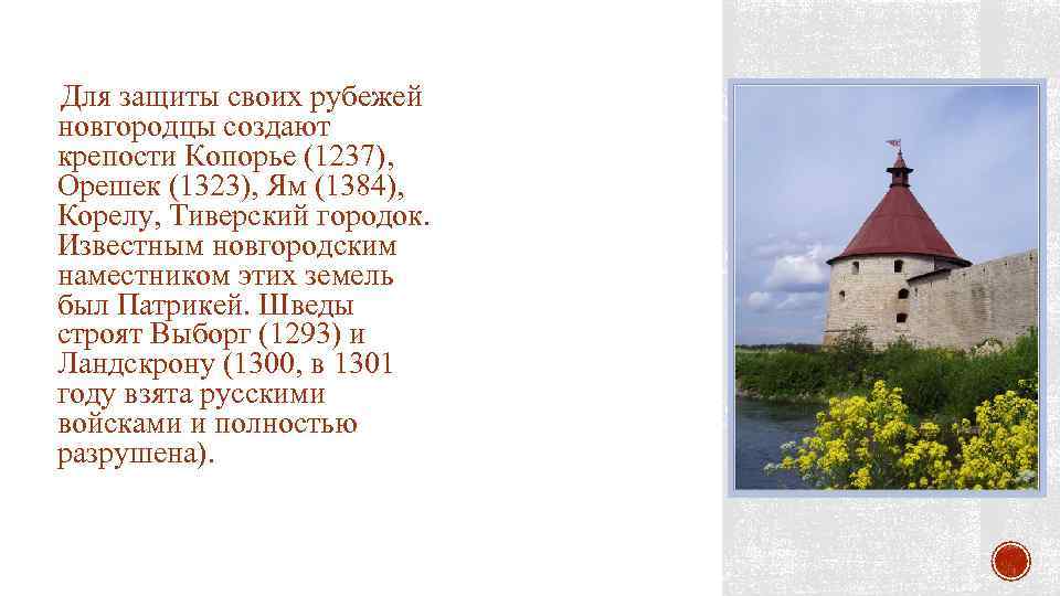 Для защиты своих рубежей новгородцы создают крепости Копорье (1237), Орешек (1323), Ям (1384), Корелу,