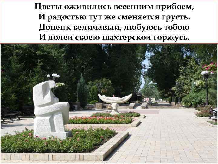 Цветы оживились весенним прибоем, И радостью тут же сменяется грусть. Донецк величавый, любуюсь тобою