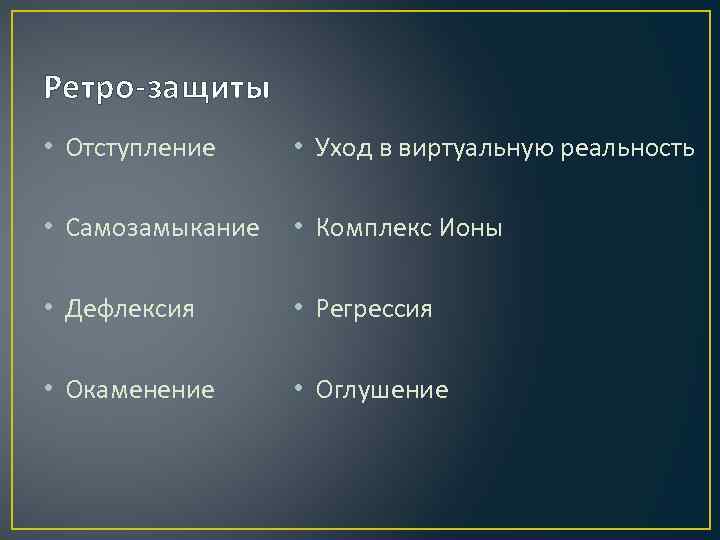 Ретро-защиты • Отступление • Уход в виртуальную реальность • Самозамыкание • Комплекс Ионы •