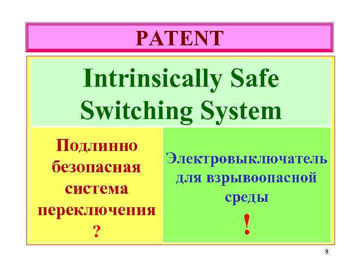 PATENT Intrinsically Safe Switching System Подлинно Электровыключатель безопасная для взрывоопасной система среды переключения ?