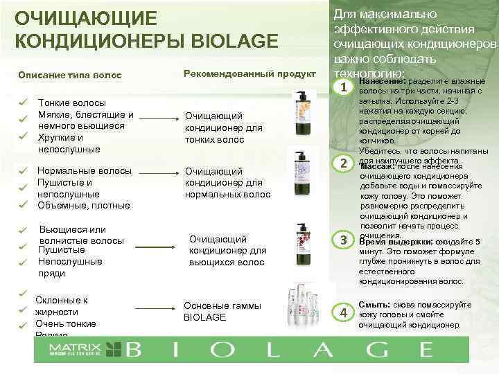 ОЧИЩАЮЩИЕ КОНДИЦИОНЕРЫ BIOLAGE Описание типа волос Тонкие волосы Мягкие, блестящие и немного вьющиеся Хрупкие