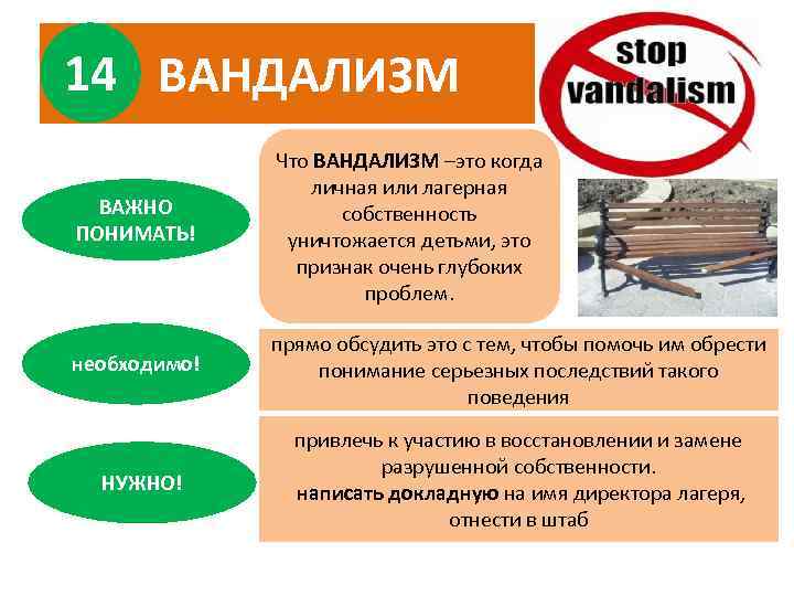 14 ВАНДАЛИЗМ ВАЖНО ПОНИМАТЬ! Что ВАНДАЛИЗМ –это когда личная или лагерная собственность уничтожается детьми,