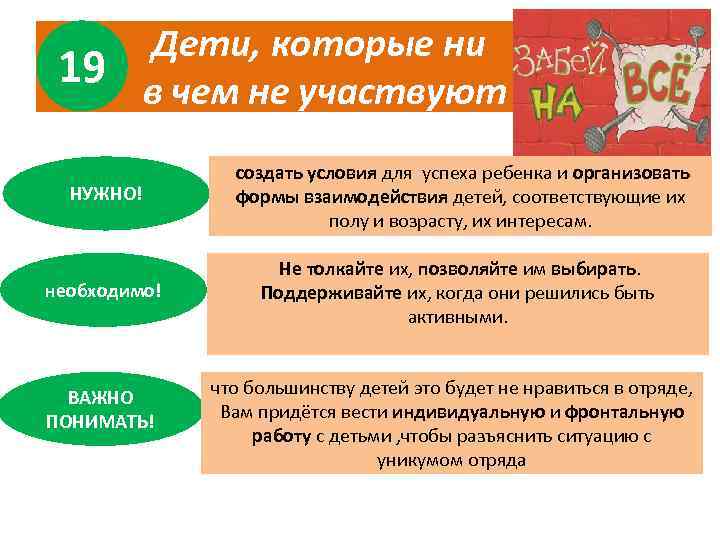 19 Дети, которые ни в чем не участвуют НУЖНО! создать условия для успеха ребенка