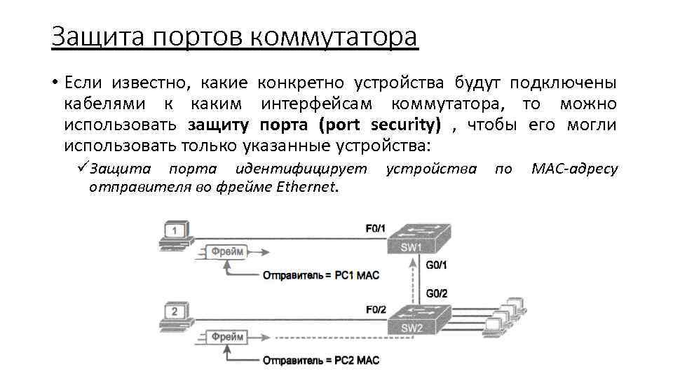 Защита портов коммутатора • Если известно, какие конкретно устройства будут подключены кабелями к каким