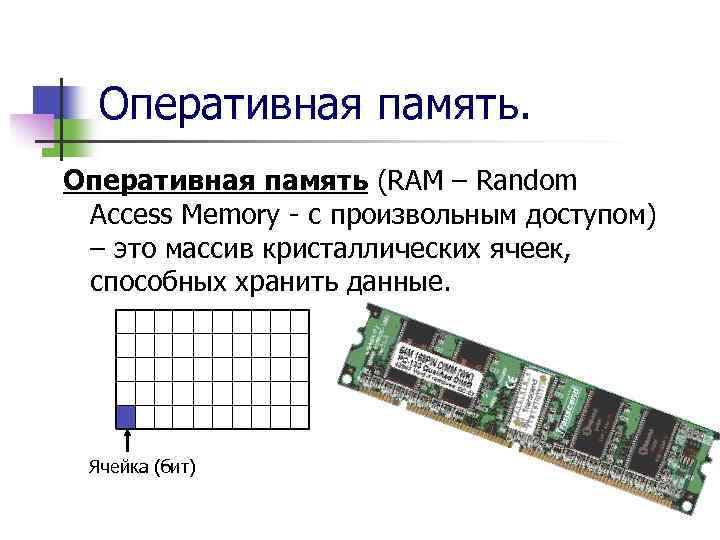 Оперативная память (RAM – Random Access Memory - с произвольным доступом) – это массив