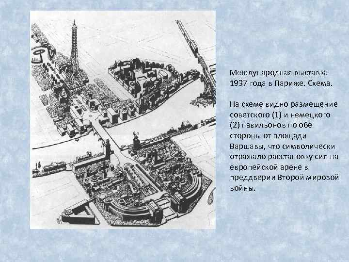 Международная выставка 1937 года в Париже. Схема. На схеме видно размещение советского (1) и