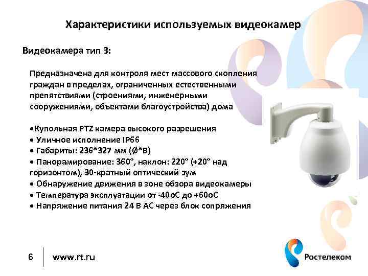 Характеристики используемых видеокамер Видеокамера тип 3: Предназначена для контроля мест массового скопления граждан в