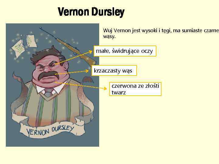 Vernon Dursley Wuj Vernon jest wysoki i tęgi, ma sumiaste czarne wąsy. małe, świdrujące