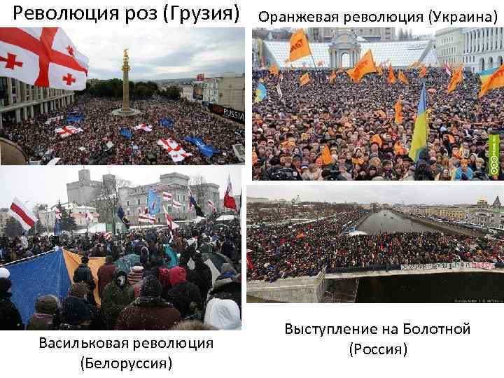 Революция роз (Грузия) Васильковая революция (Белоруссия) Оранжевая революция (Украина) Выступление на Болотной (Россия) 