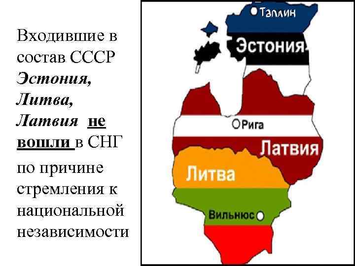Входившие в состав СССР Эстония, Литва, Латвия не вошли в СНГ по причине стремления