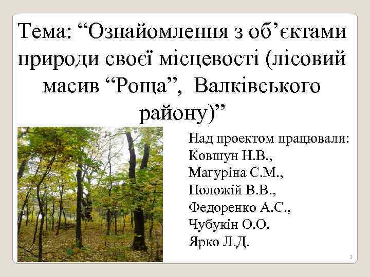 Тема: “Ознайомлення з об’єктами природи своєї місцевості (лісовий масив “Роща”, Валківського району)” Над проектом