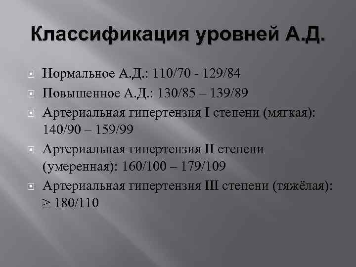 Классификация уровней А. Д. Нормальное А. Д. : 110/70 - 129/84 Повышенное А. Д.