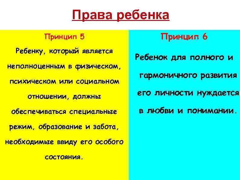 Права ребенка Принцип 5 Ребенку, который является неполноценным в физическом, психическом или социальном Принцип
