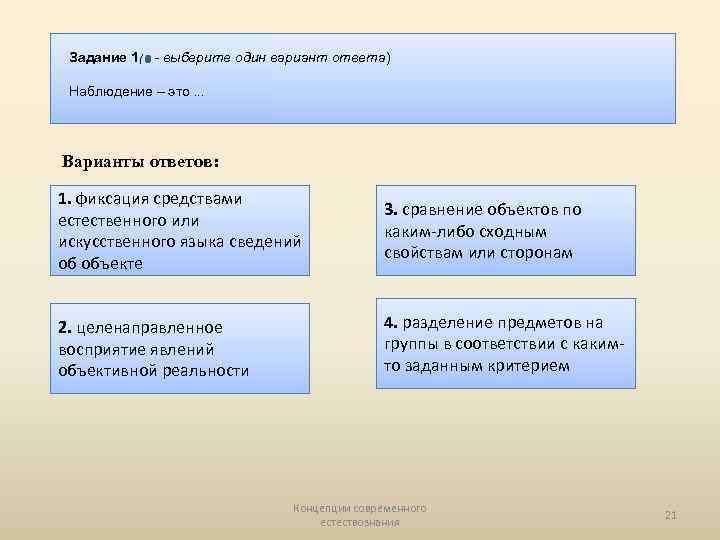 Задание 1( - выберите один вариант ответа) Наблюдение – это. . . Варианты ответов: