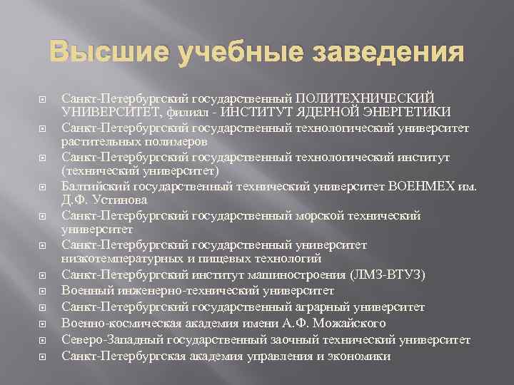 Высшие учебные заведения Санкт-Петербургский государственный ПОЛИТЕХНИЧЕСКИЙ УНИВЕРСИТЕТ, филиал - ИНСТИТУТ ЯДЕРНОЙ ЭНЕРГЕТИКИ Санкт-Петербургский государственный