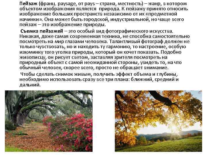 Пейзаж (франц. paysage, от pays – страна, местность) – жанр, в котором объектом изображения