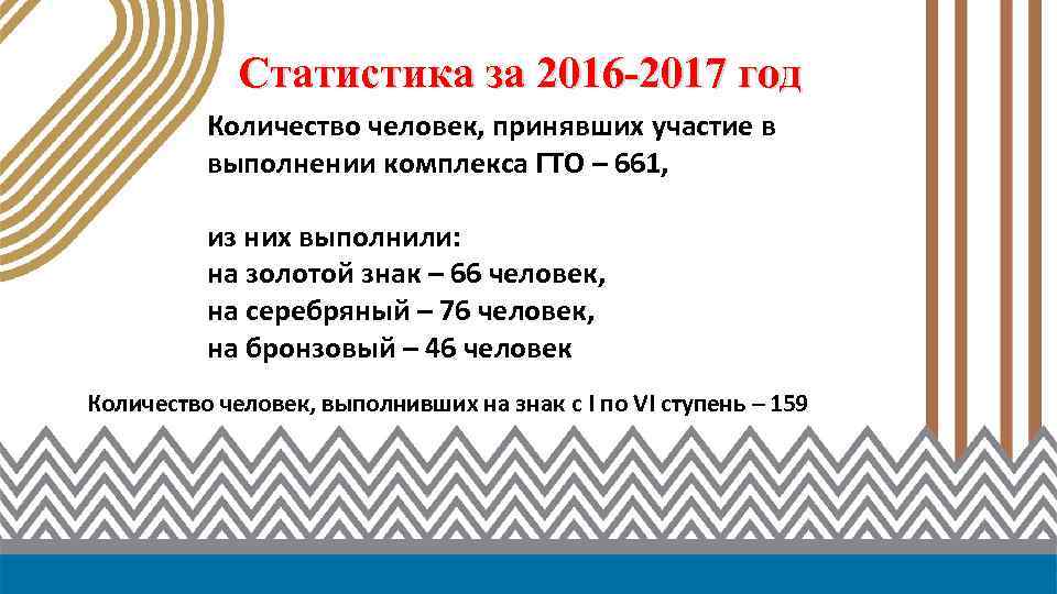 Статистика за 2016 -2017 год Количество человек, принявших участие в выполнении комплекса ГТО –
