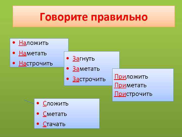 Говорите правильно • Наложить • Наметать • Настрочить • Загнуть • Заметать • Застрочить