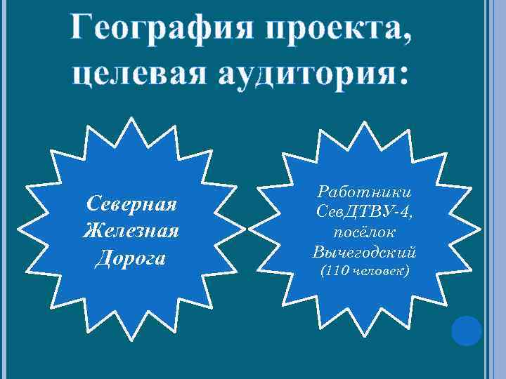 География проекта, целевая аудитория: Северная Железная Дорога Работники Сев. ДТВУ-4, посёлок Вычегодский (110 человек)