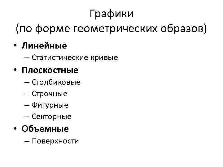 Графики (по форме геометрических образов) • Линейные – Статистические кривые • Плоскостные – Столбиковые