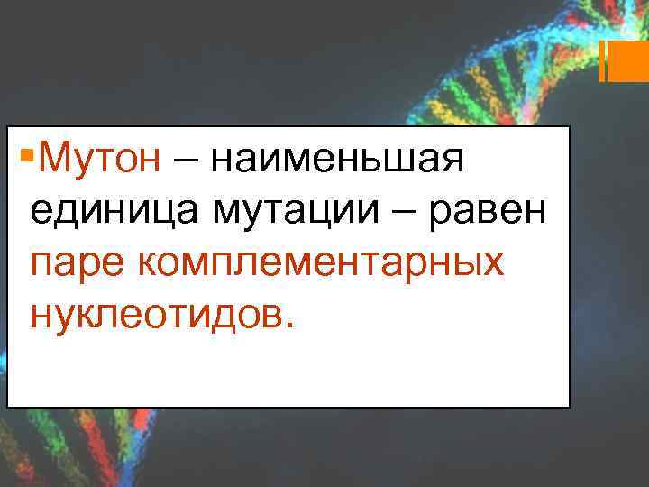 §Мутон – наименьшая единица мутации – равен паре комплементарных нуклеотидов. 