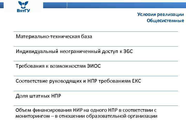 Условия реализации Общесистемные Материально-техническая база Индивидуальный неограниченный доступ к ЭБС Требования к возможностям ЭИОС