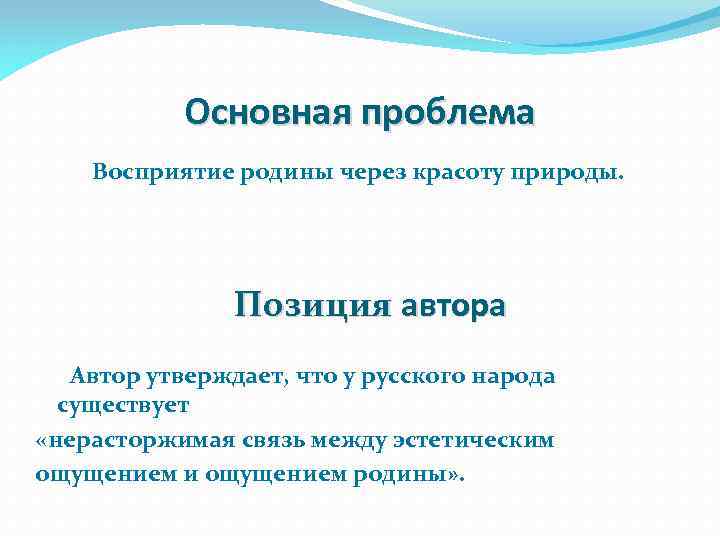 Основная проблема Восприятие родины через красоту природы. Позиция автора Автор утверждает, что у русского