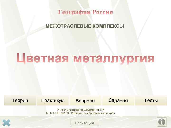 МЕЖОТРАСЛЕВЫЕ КОМПЛЕКСЫ Теория Практикум Вопросы Задания Учитель географии Швыдченко Е. И МОУ СОШ №