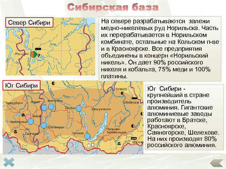 Север Сибири Юг Сибири На севере разрабатываются залежи медно-никелевых руд Норильска. Часть их перерабатывается
