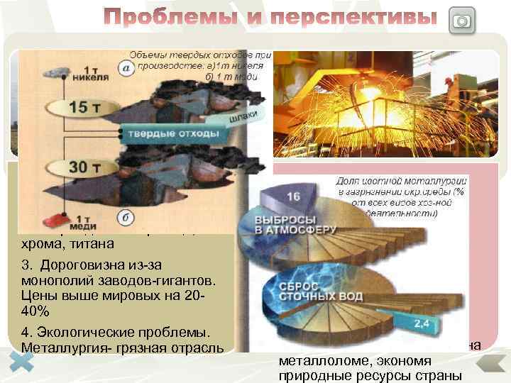 1. Истощение месторождений меди и алюминия 2. Отсутствие крупных месторождений марганца, хрома, титана 3.