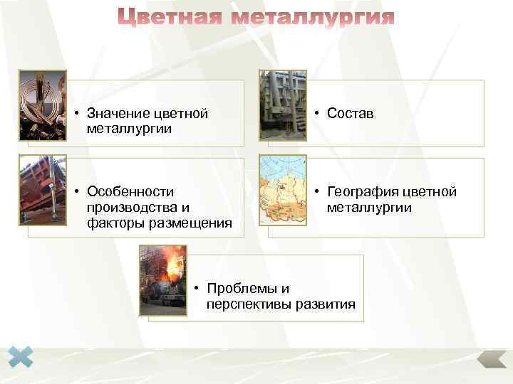  • Значение цветной металлургии • Состав • Особенности производства и факторы размещения •