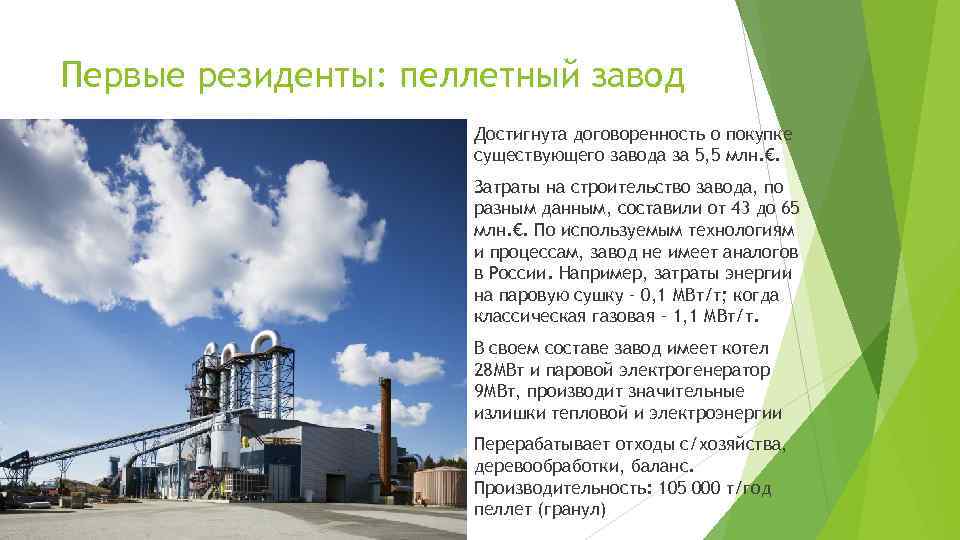 Первые резиденты: пеллетный завод Достигнута договоренность о покупке существующего завода за 5, 5 млн.