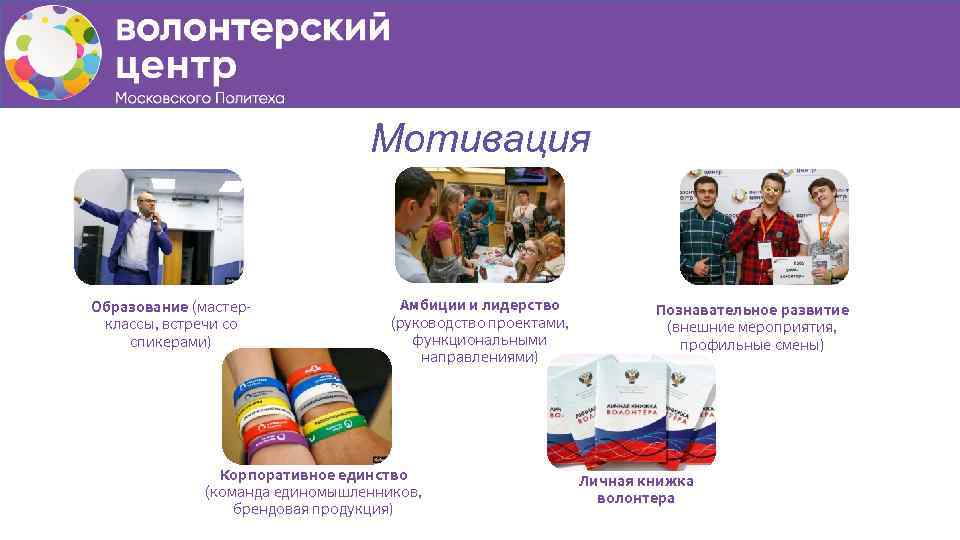 Мотивация Образование (мастерклассы, встречи со спикерами) Амбиции и лидерство (руководство проектами, функциональными направлениями) Корпоративное