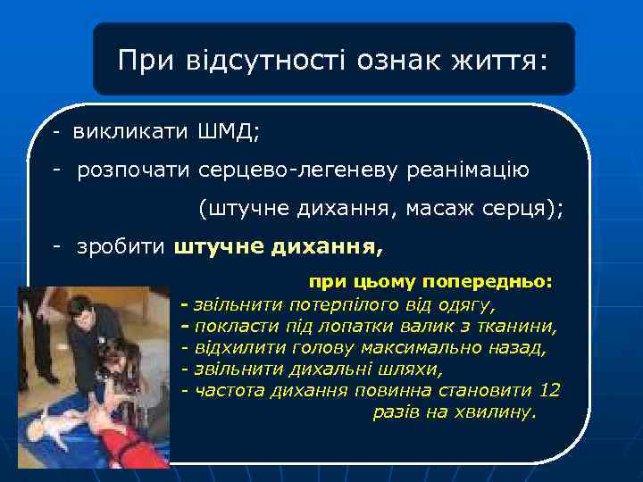 При відсутності ознак життя: - викликати ШМД; - розпочати серцево-легеневу реанімацію (штучне дихання, масаж