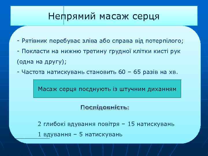 Непрямий масаж серця - Рятівник перебуває зліва або справа від потерпілого; - Покласти на