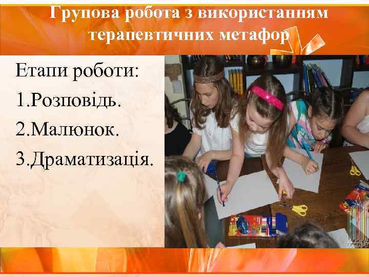 Групова робота з використанням терапевтичних метафор Етапи роботи: 1. Розповідь. 2. Малюнок. 3. Драматизація.