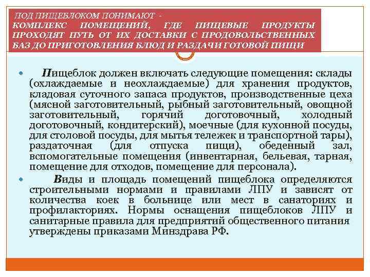 ПОД ПИЩЕБЛОКОМ ПОНИМАЮТ КОМПЛЕКС ПОМЕЩЕНИЙ, ГДЕ ПИЩЕВЫЕ ПРОДУКТЫ ПРОХОДЯТ ПУТЬ ОТ ИХ ДОСТАВКИ С