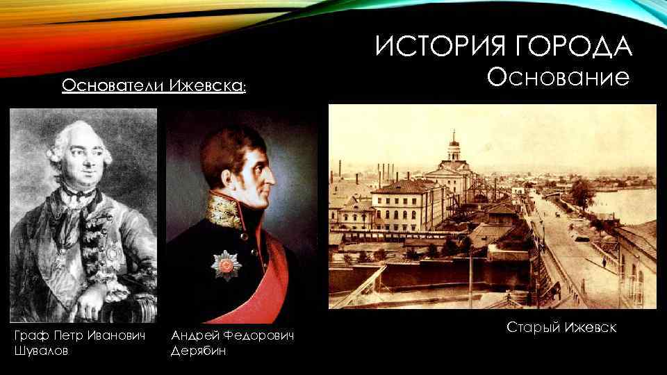 ИСТОРИЯ ГОРОДА Основатели Ижевска: Граф Петр Иванович Шувалов Андрей Федорович Дерябин Основание Старый Ижевск