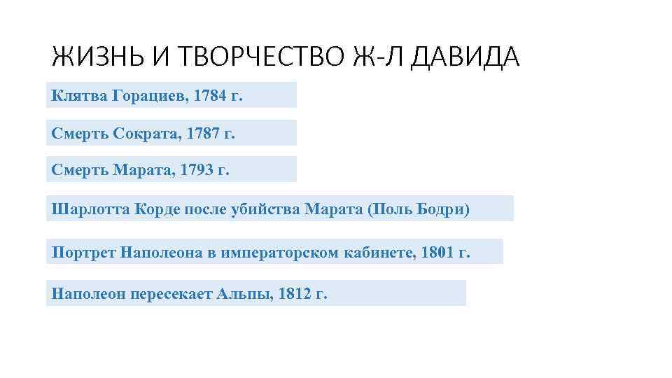 ЖИЗНЬ И ТВОРЧЕСТВО Ж-Л ДАВИДА Клятва Горациев, 1784 г. Смерть Сократа, 1787 г. Смерть