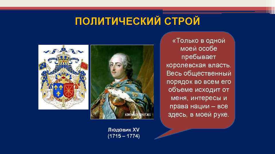 ПОЛИТИЧЕСКИЙ СТРОЙ «Только в одной моей особе пребывает королевская власть. Весь общественный порядок во