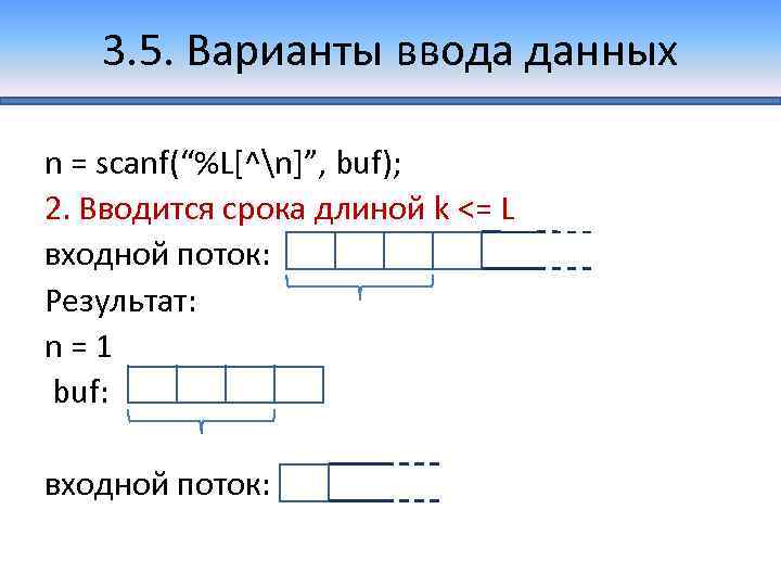 3. 5. Варианты ввода данных n = scanf(“%L[^n]”, buf); 2. Вводится срока длиной k