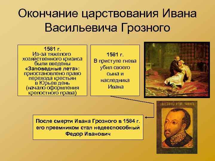 Окончание царствования Ивана Васильевича Грозного 1581 г. Из-за тяжелого хозяйственного кризиса были введены «Заповедные