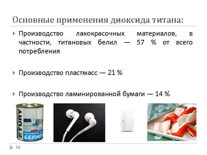 Основные применения диоксида титана: Производство лакокрасочных материалов, в частности, титановых белил — 57 %
