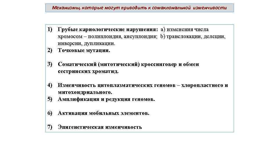 Механизмы, которые могут приводить к сомаклональной изменчивости 1) Грубые кариологические нарушения: a) изменения числа