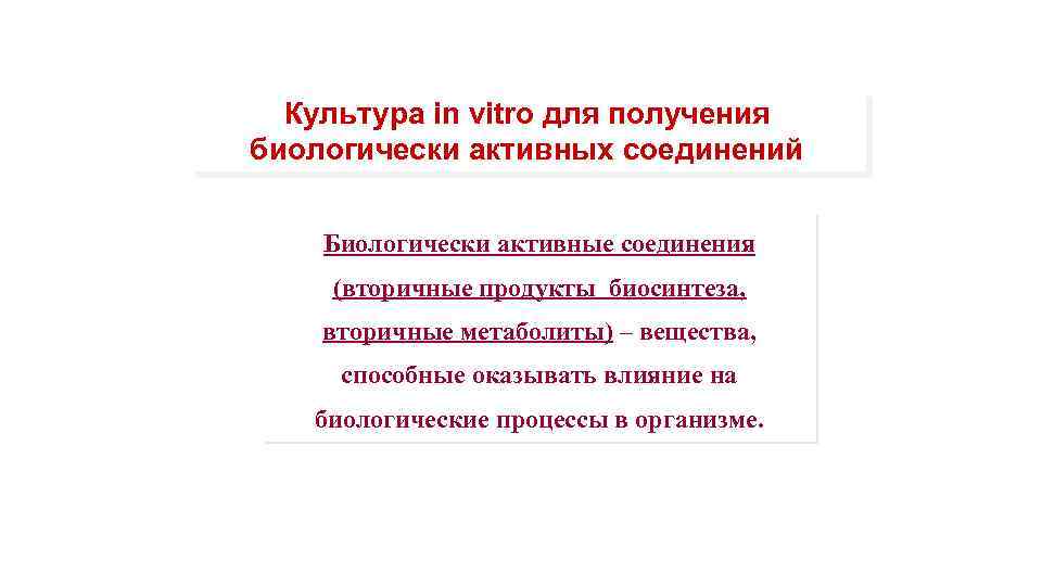 Культура in vitro для получения биологически активных соединений Биологически активные соединения (вторичные продукты биосинтеза,