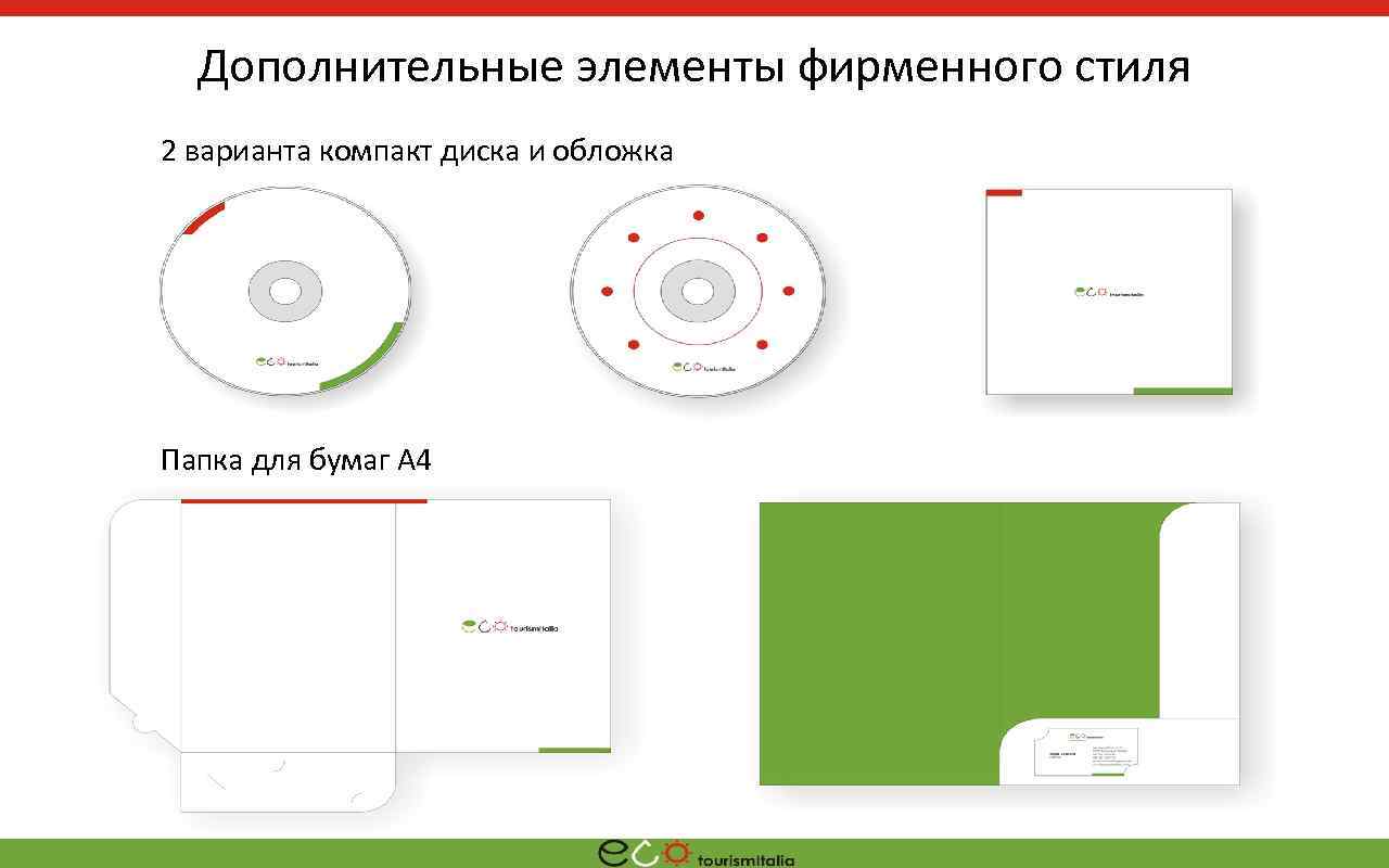 Дополнительные элементы фирменного стиля 2 варианта компакт диска и обложка Папка для бумаг А