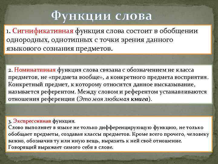 Функции слова 1. Сигнификативная функция слова состоит в обобщении однородных, однотипных с точки зрения