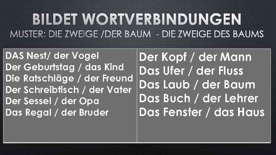 BILDET WORTVERBINDUNGEN MUSTER: DIE ZWEIGE /DER BAUM - DIE ZWEIGE DES BAUMS DAS Nest/