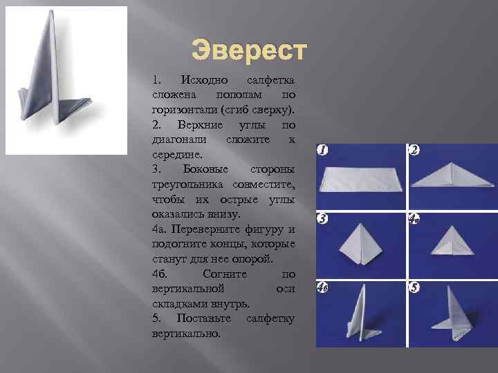 Эверест 1. Исходно салфетка сложена пополам по горизонтали (сгиб сверху). 2. Верхние углы по