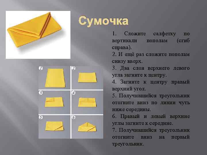 Сумочка 1. Сложите салфетку по вертикали пополам (сгиб справа). 2. И ещё раз сложите